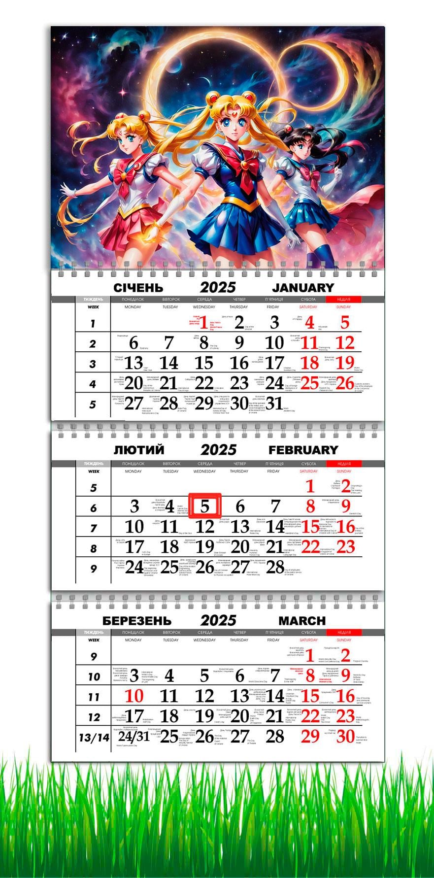 Календарь настенный квартальный на 2025 год APRIORI Сейлормун на 3 пружины 30х61 см (UA3047) Календарь настенный квартальный на 2025 год APRIORI Сейлормун на 3 пружины 30х61 см (UA3047)