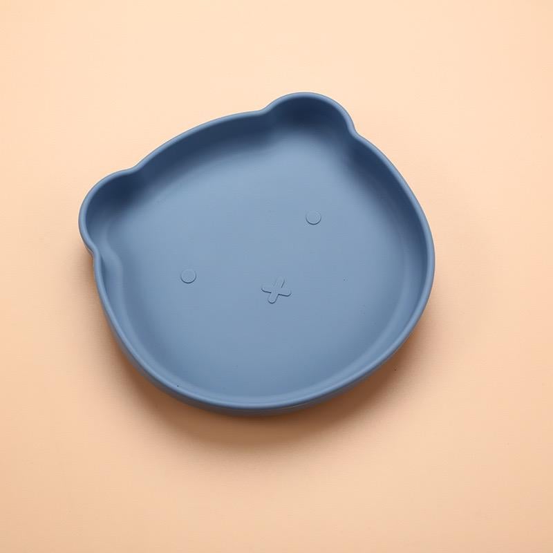 Дитяча тарілка силіконова плоска у формі ведмедика на присосці Синій (27975663)