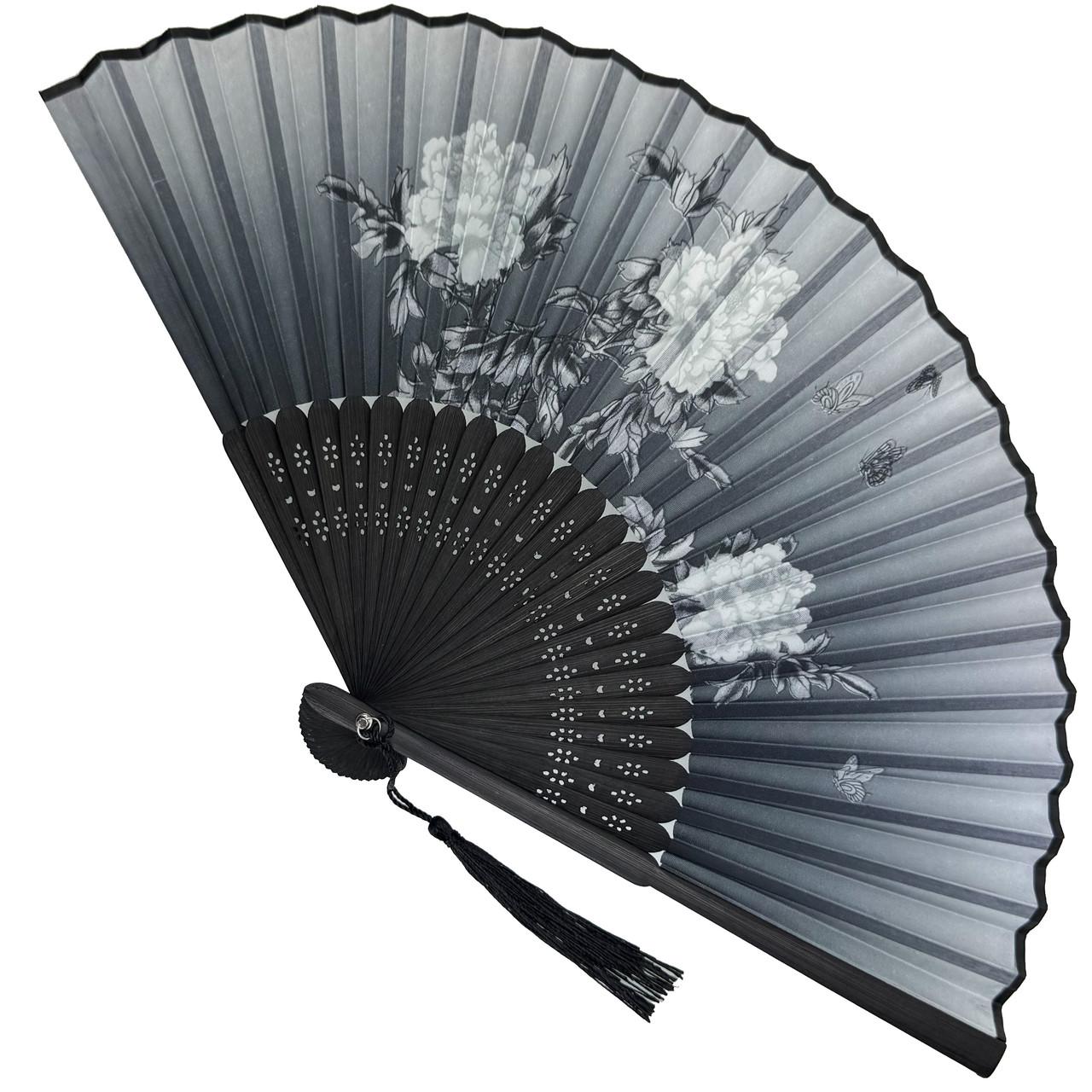 Веер деревянный Цветы и бабочки 21х37 см Серый (C5975)