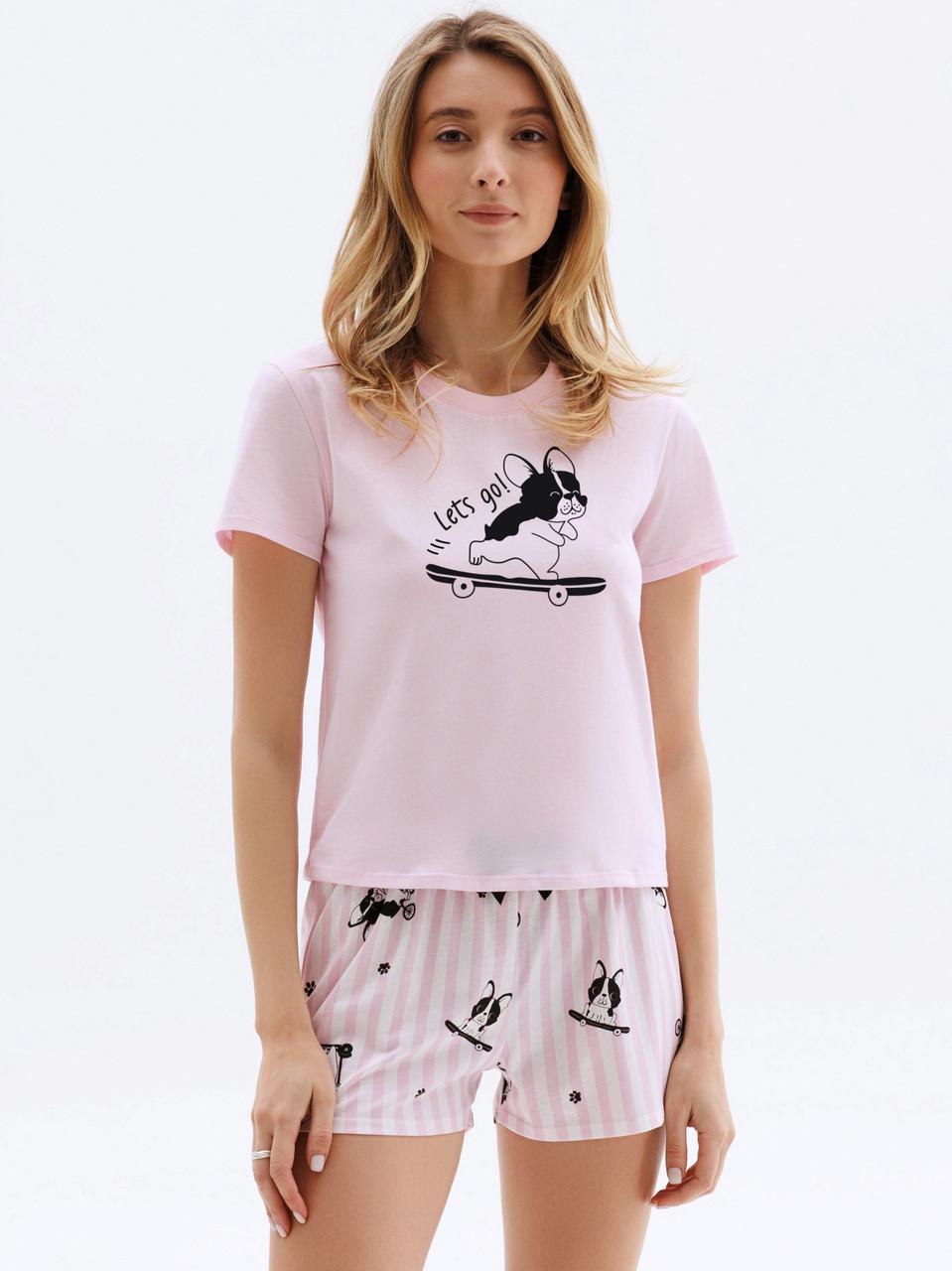Пижама женская Roksana футболка с коротким рукавом/мини-шортики в полоску S Розовый (1759/12276)