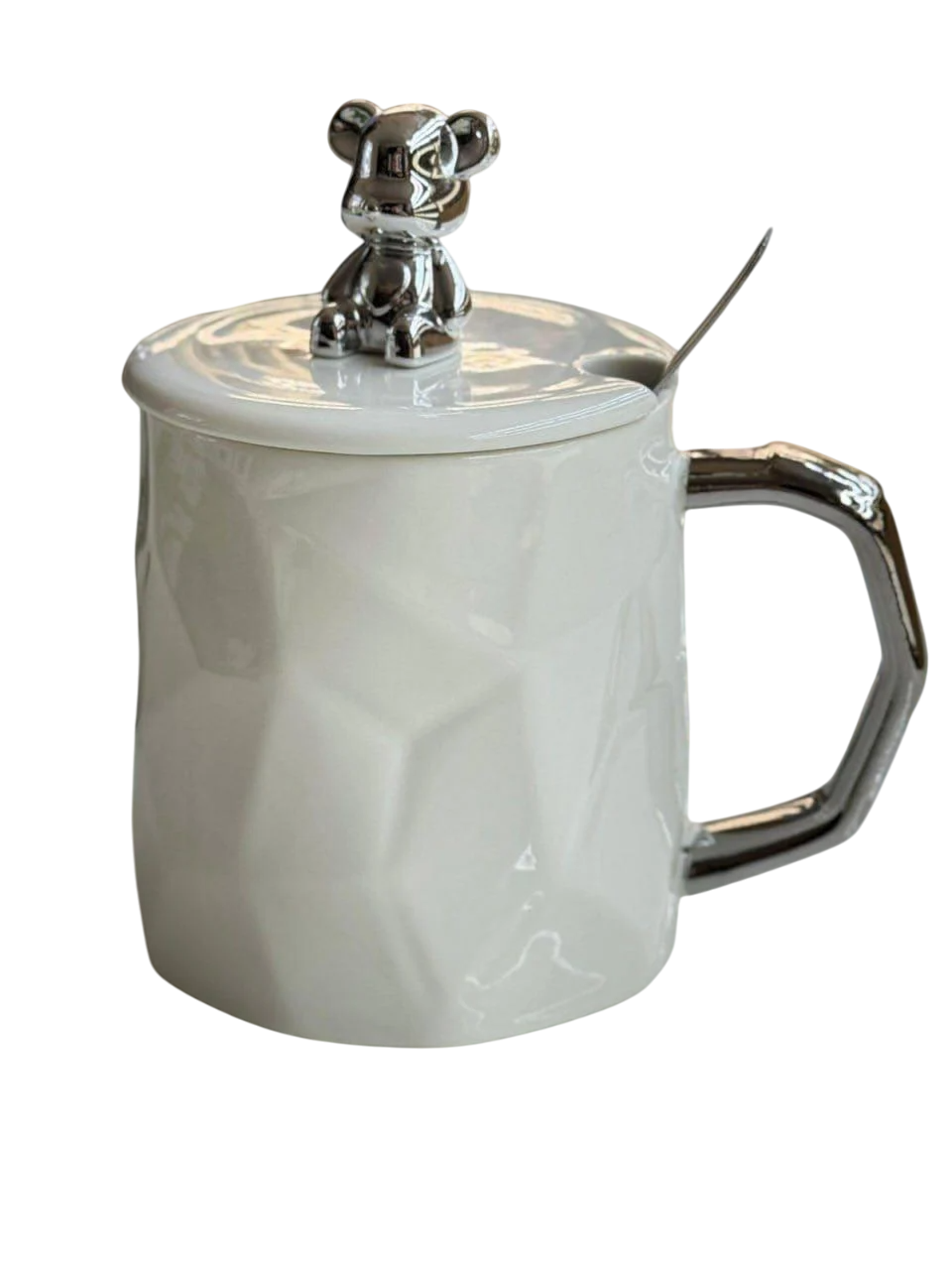 Чашка керамическая Olens с крышкой и ложкой Silver bear 400 мл Белый (8030-335)