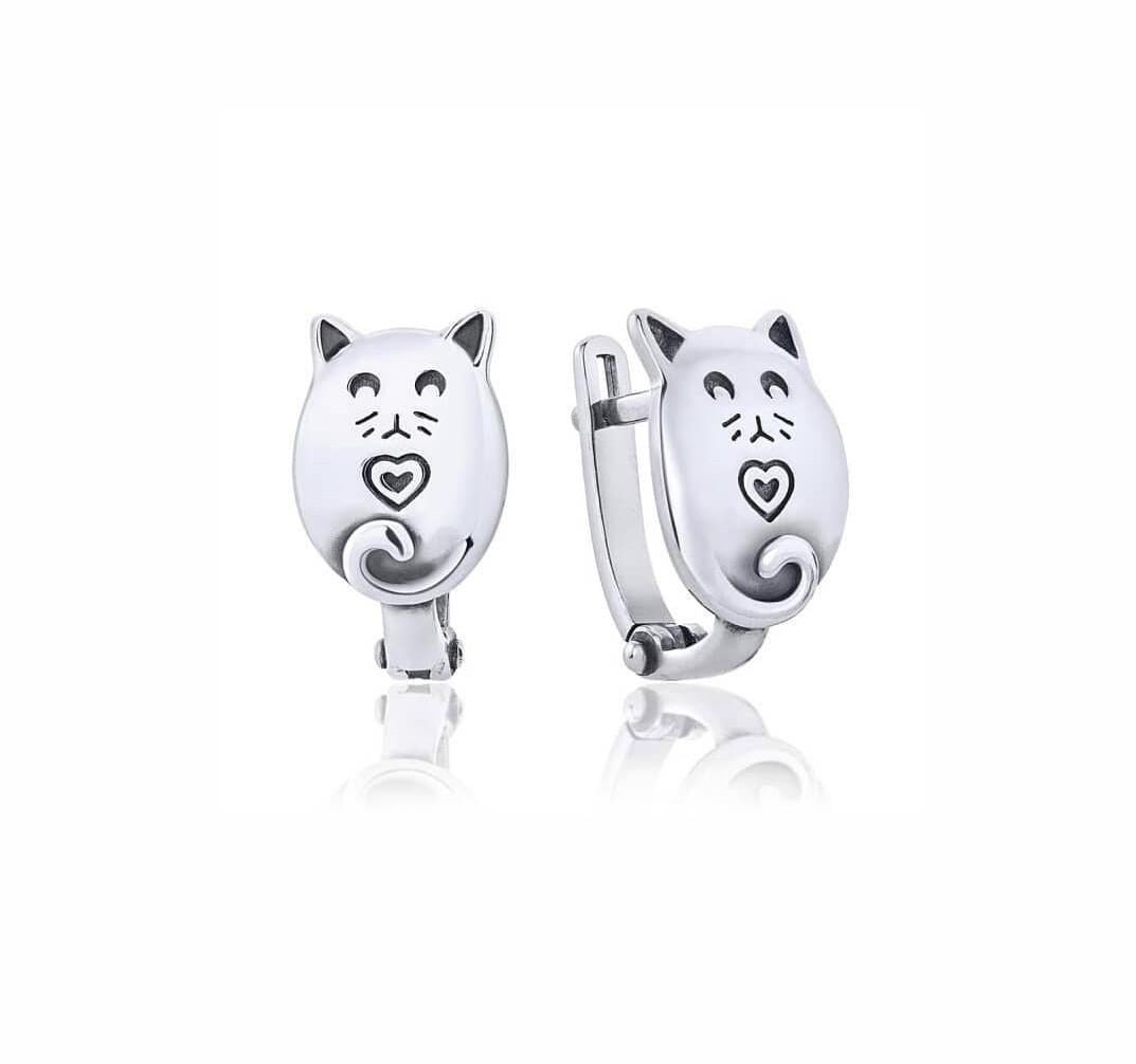Сережки дитячі без каменів котик срібло 925 проби родоване 1,24 г (82836)