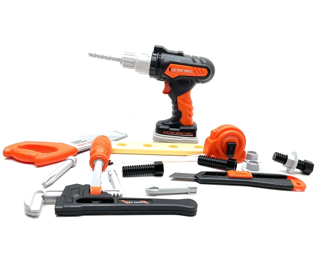 Детский игровой набор инструментов шуруповерт/пила/рулетка/ключ/отвертка/нож/гайки/болты 16 предметов (778-22)