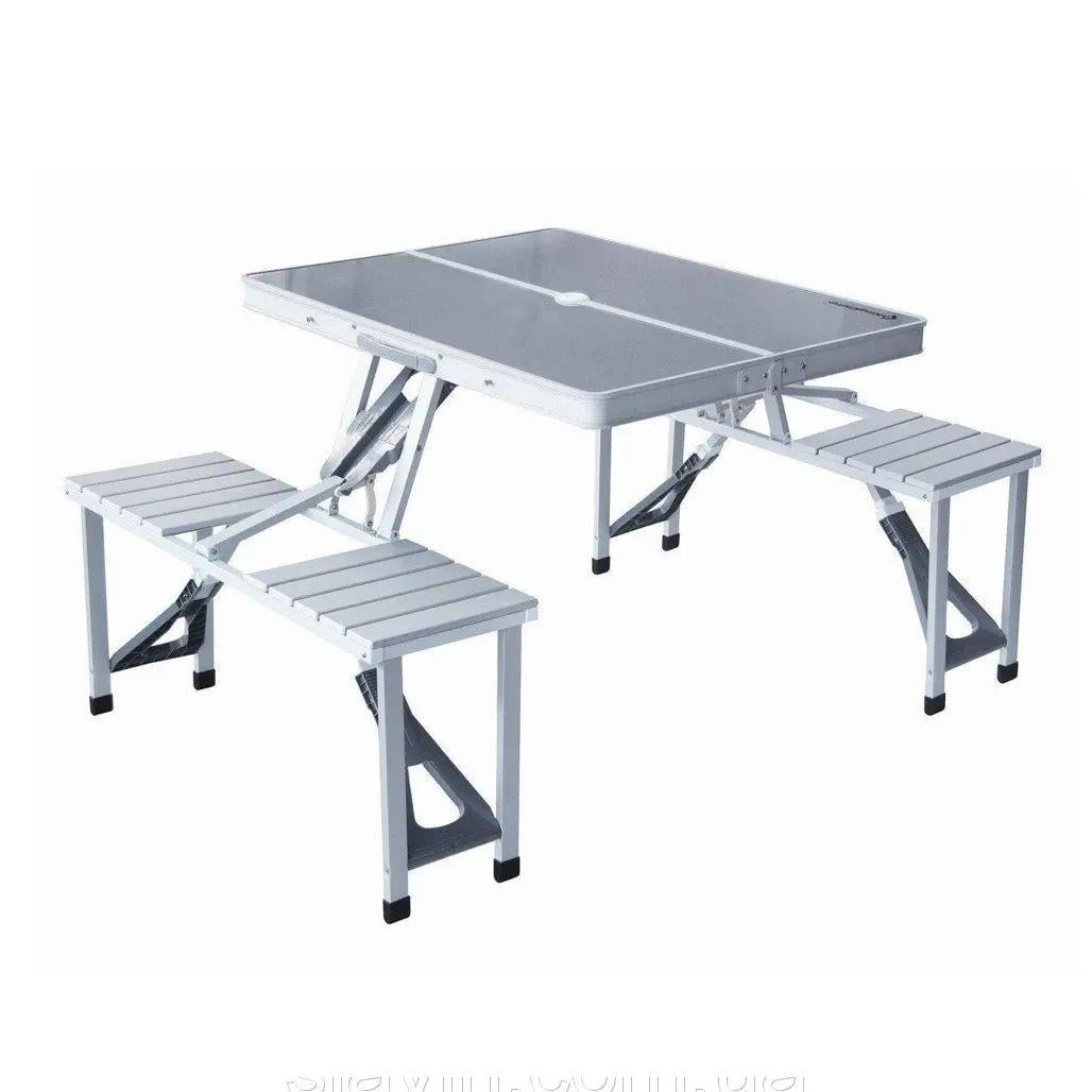 Стіл складаний алюмінієвий Picnic Table зі стільцями та місцем для парасольки 135х82х67 см Стіл складаний алюмінієвий Picnic Table зі стільцями та місцем для парасольки 135х82х67 см