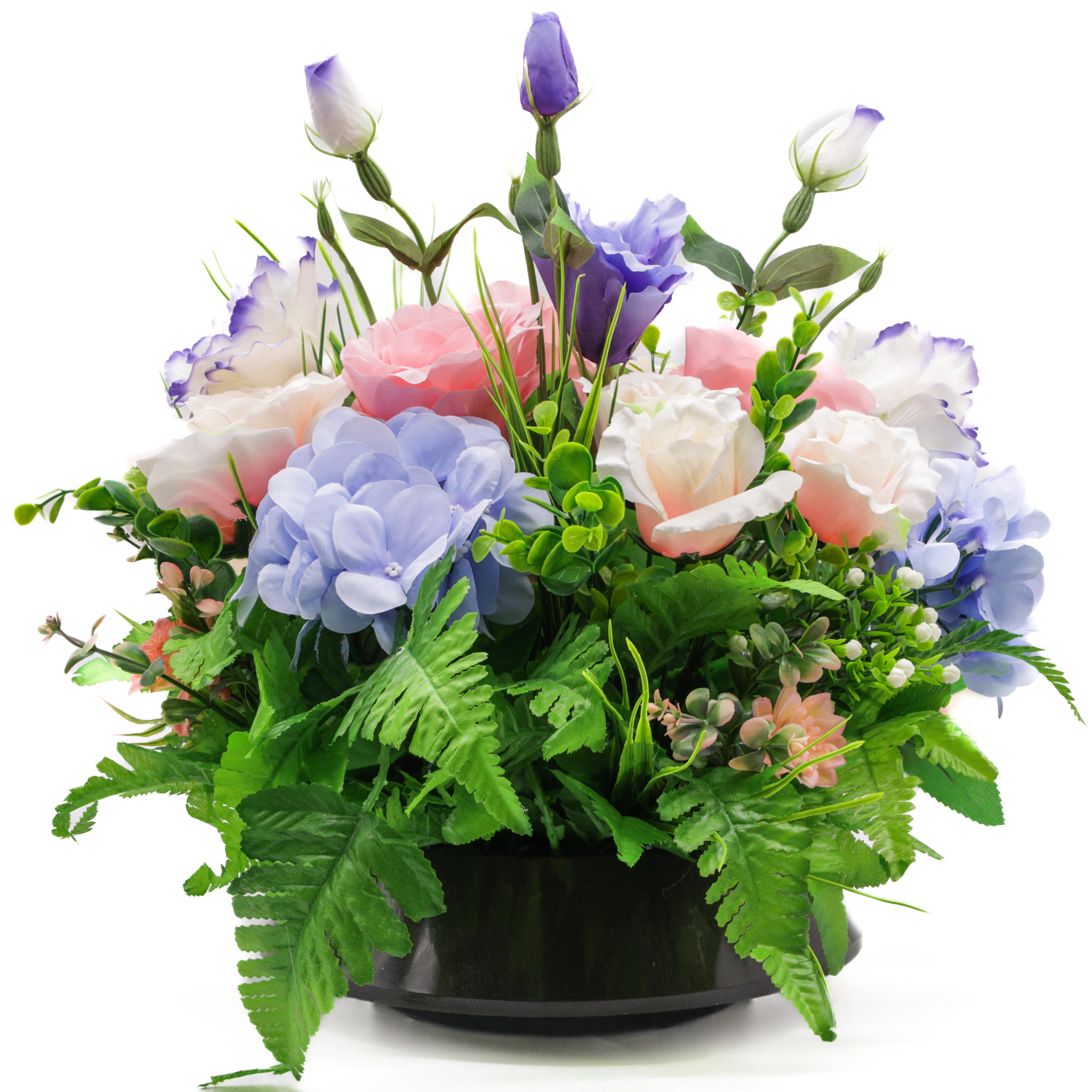 Композиция ДАЙС из искусственных цветов и листочков в черном кашпо 30 см (КЧ3030Б)