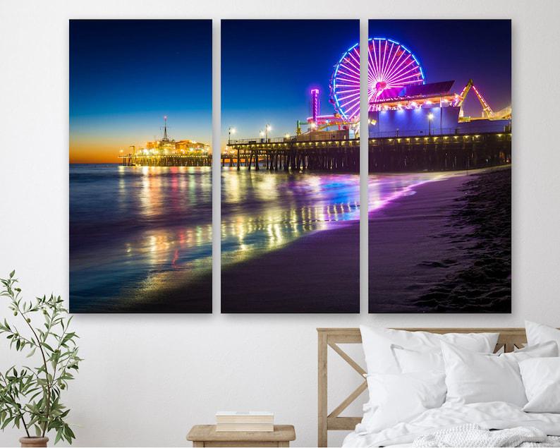 Модульна картина на полотні KIL Art міста Санта-Моніка вночі з трьох частин 128x81 см (M3_L_448)