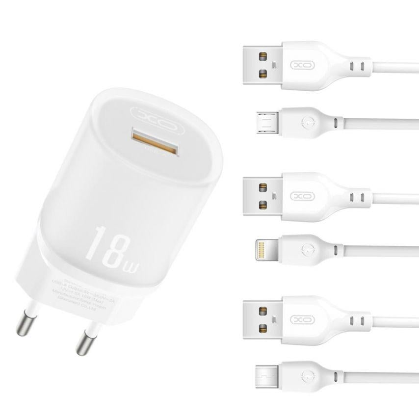 Устройство зарядное Xo 2в1 L157 1USB/QC3.0/18 W/Data Cable USB to Lightning White