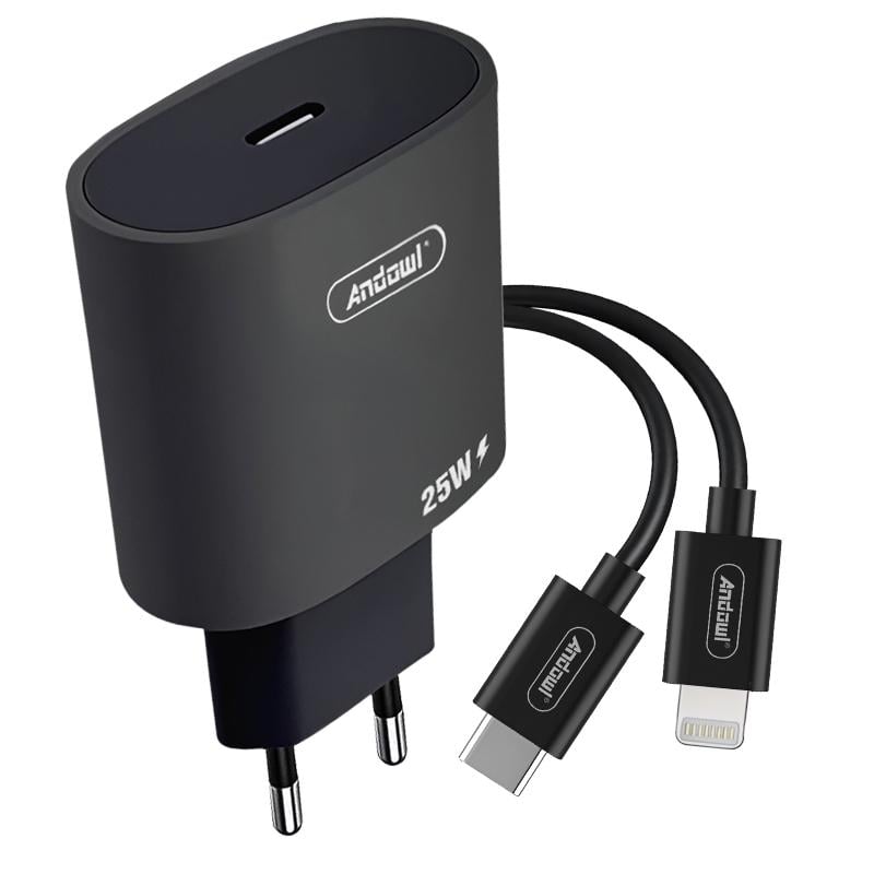 Комплект быстрой зарядки Andowl Q-CD669X1 25 Вт с кабелем Type-C Lighting Черный (249cae07) - фото 1 Комплект быстрой зарядки Andowl Q-CD669X1 25 Вт с кабелем Type-C Lighting Черный (249cae07) - фото 1
