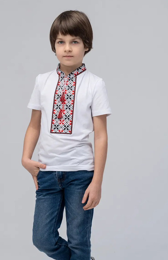 Футболка-вышиванка детская на мальчика трикотажная 116 см Белый (д-45-116) Футболка-вышиванка детская на мальчика трикотажная 116 см Белый (д-45-116)