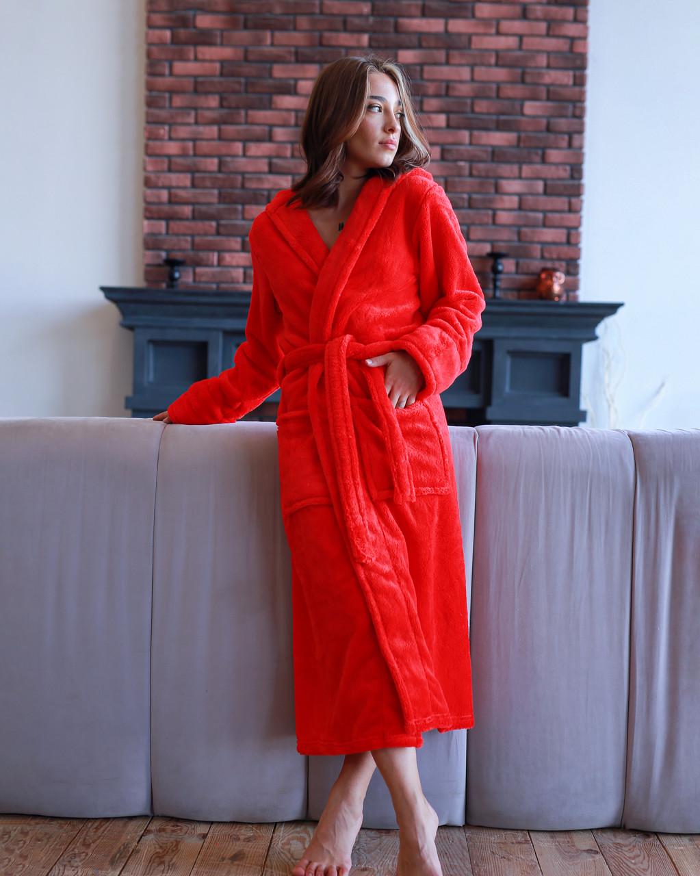 Халат женский махровый длинный Батал 2XL Красный