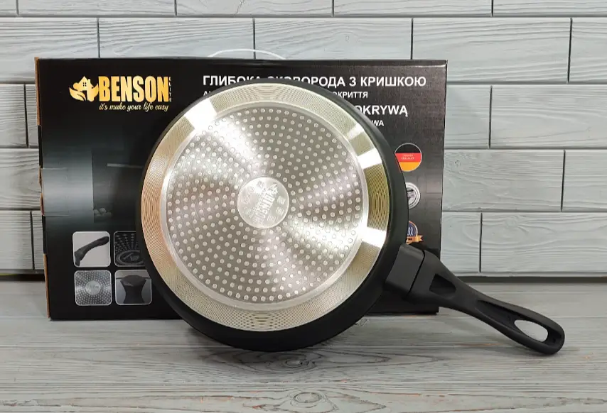 Сковорода глибока з кришкою Benson BN-449 26 см 3,1 л індукційне дно/алмазне антипригарне покриття (ML-05240) - фото 4 Сковорода глибока з кришкою Benson BN-449 26 см 3,1 л індукційне дно/алмазне антипригарне покриття (ML-05240) - фото 4