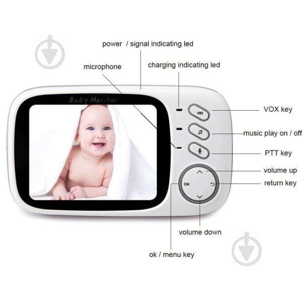 Відеоняня Baby Monitor VB603 / HD720P / 3.2 LCD з датчиком температури Білий (100235) - фото 2