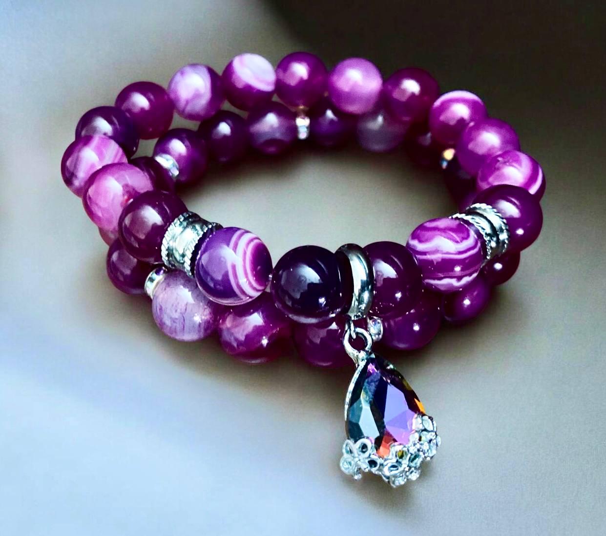 Браслеты LITAURS из натуральных камней агат d 10 мм и металлическими вставками L 18-21 см 2 шт. (260308-1)