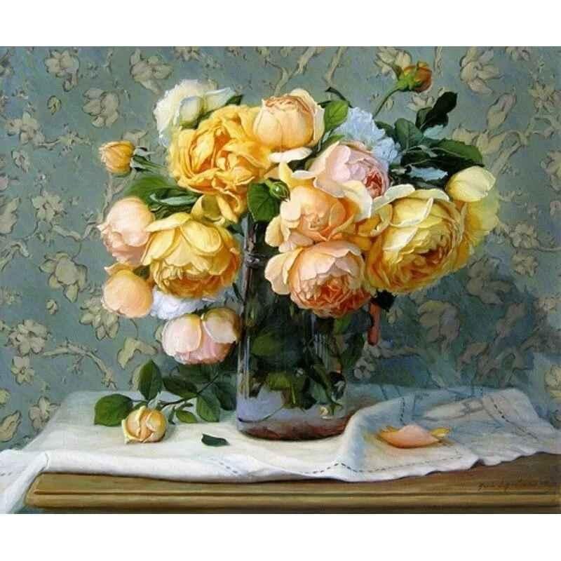 Алмазна вишивка Букет на білій скатертині повна викладка 5D 30х40 см (1751761171)