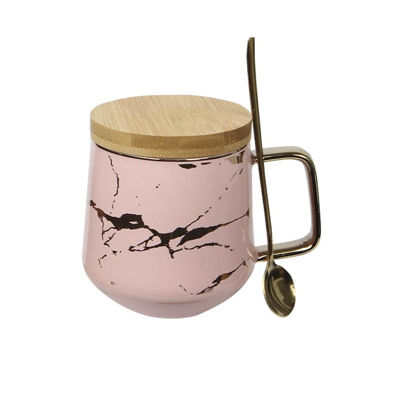 Чашка чайная с бамбуковой крышкой ти ложкой золотой мрамор Pink