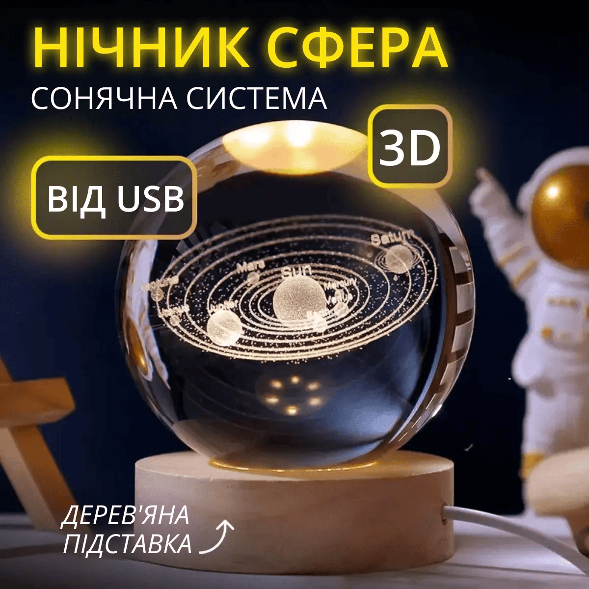 Нічник сфера сонячна система 3D від USB Тепле світло - фото 3