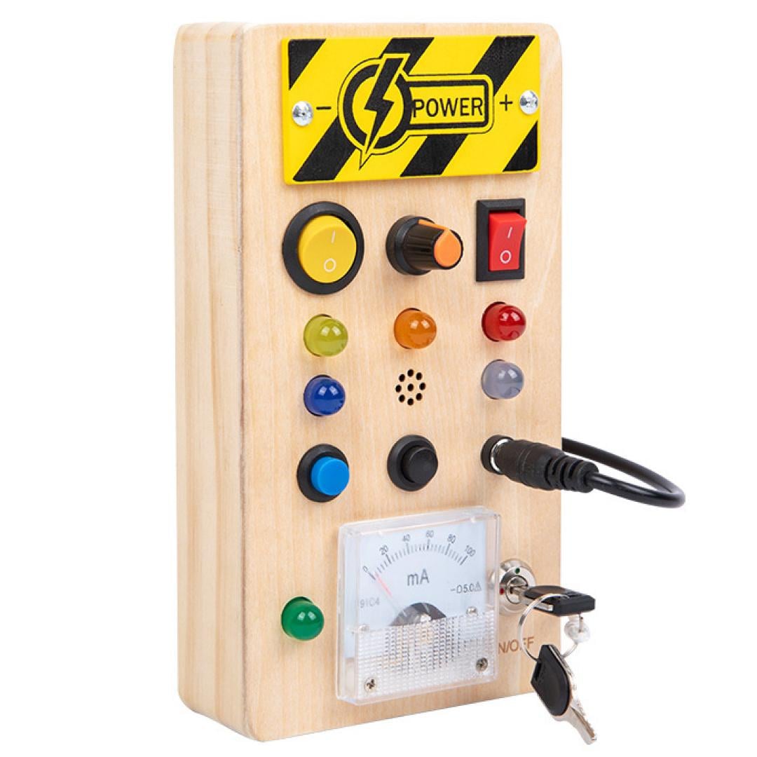 Дошка дерев’яна розвиваюча Busy Board зі світловими перемикачами та навчальними елементами Soli LB-01