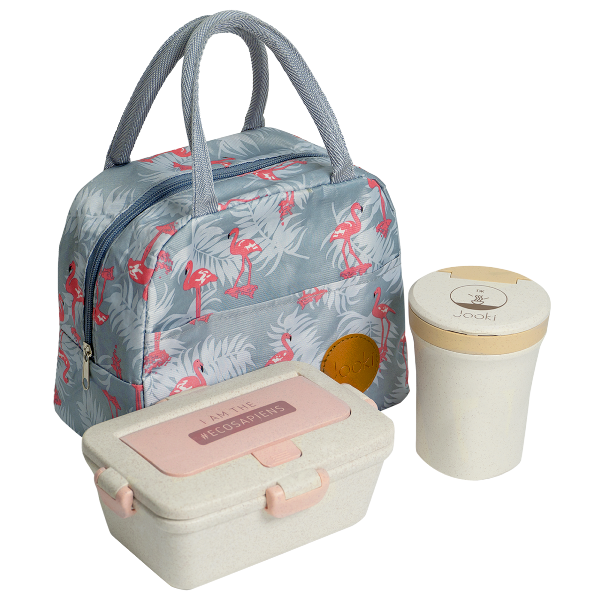 Ланч набір еко термосумка Flamingo/ланч-бокс супниця Peach 350 мл Бежево-білий/ланч-бокс 950 мл Рожевий (749)