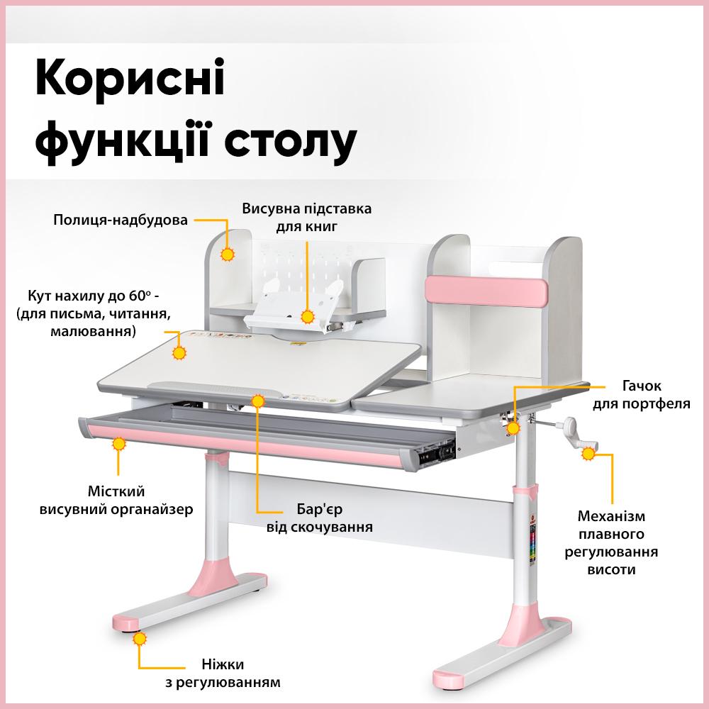 Парта трансформер ергономічна дитяча Mealux Vancouver з полицею Білий/Рожевий (BD-620 W/G MC+PN) - фото 3