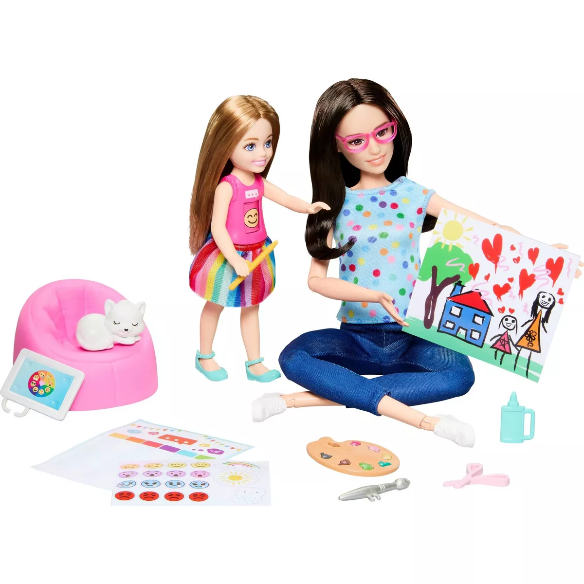 Набор с куклами Barbie Art Therapy Playset with 2 Dolls Pet & Accessories Shirt on Small Doll Rotates Emoji (2589884252)