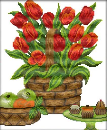 Набор для вышивания крестиком Корзина с тюльпанами частичная зашивка 22х27 см (8137) Набор для вышивания крестиком Корзина с тюльпанами частичная зашивка 22х27 см (8137)