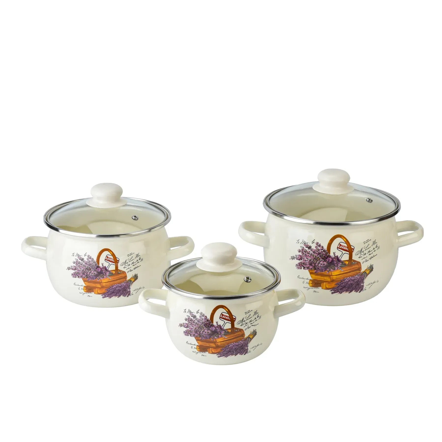 Набір каструль емальованих Кошик лаванди зі скляними кришками 3 шт. (69288)