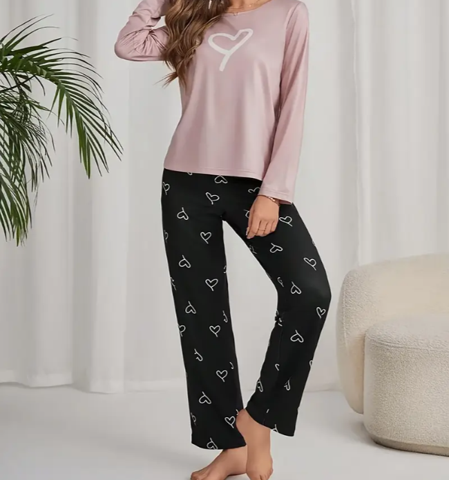 Пижама женская с принтом футболка с длинным рукавом/брюки мягкий трикотаж M (1321)
