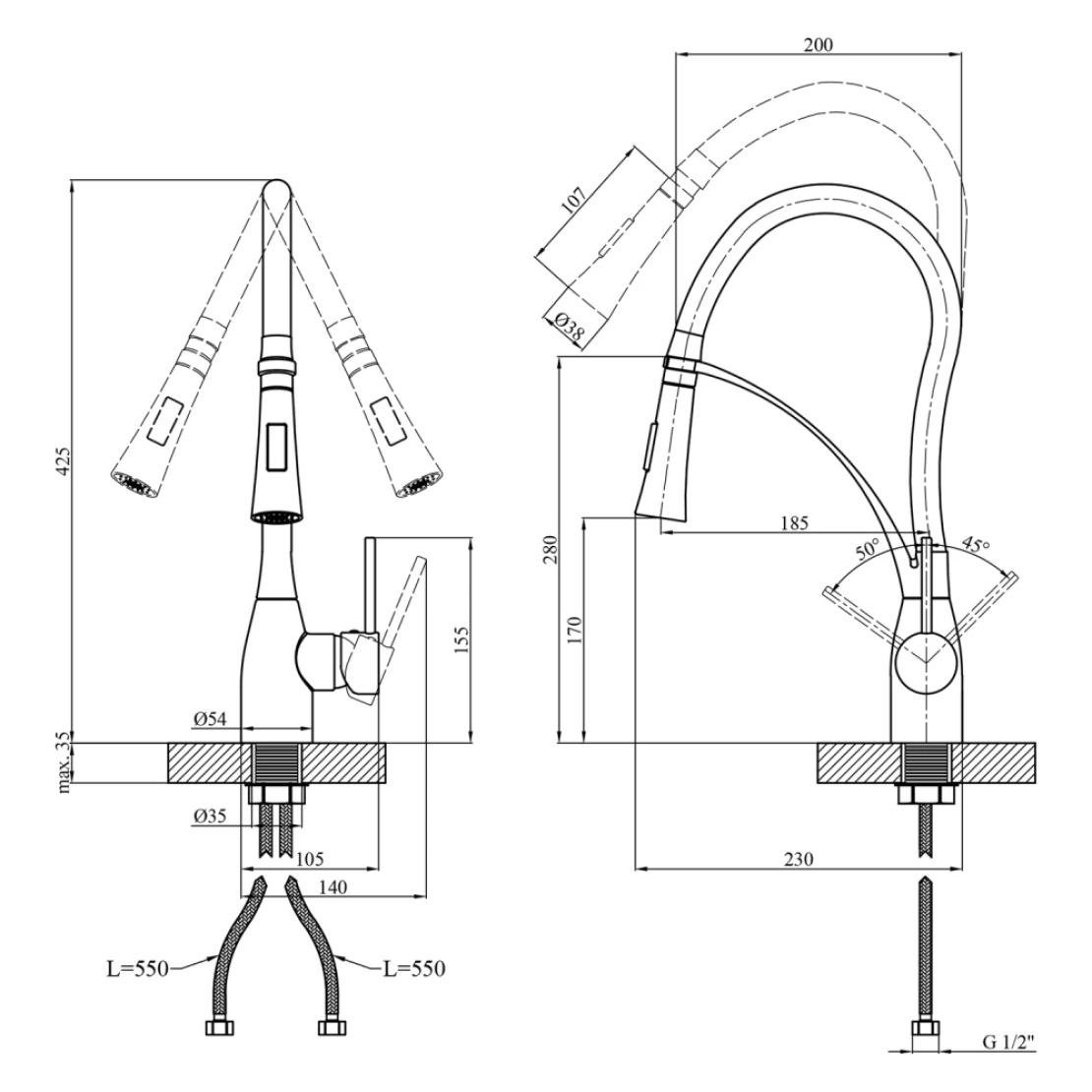 Смеситель для кухни с гибким изливом Kroner KRP Ersel GRP03393BLK Графитовый/Хром - фото 7
