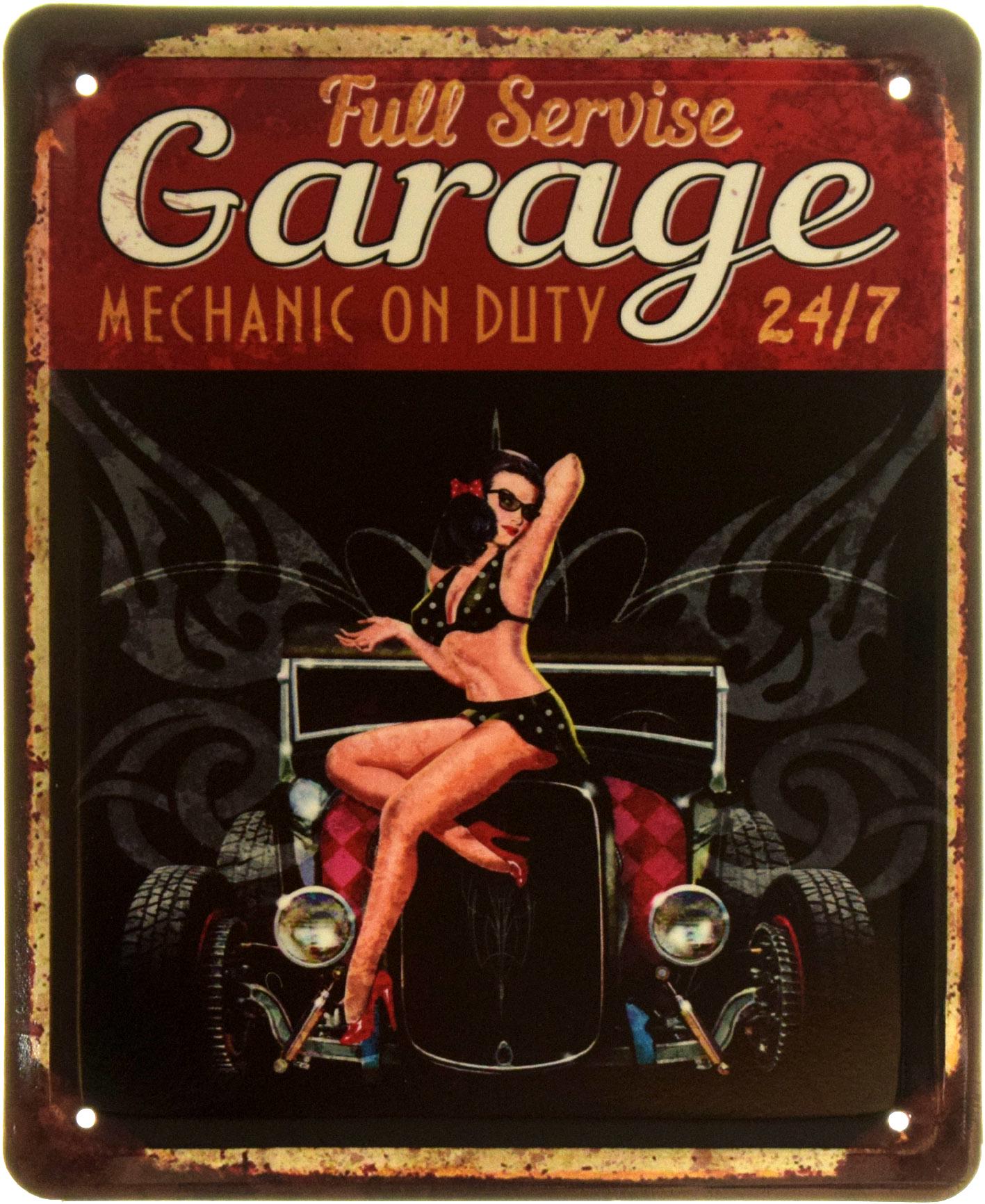 Табличка металлическая "Full Service Mechanic On Duty 24/7 Pin Up" 18x22 см (ms-103855)