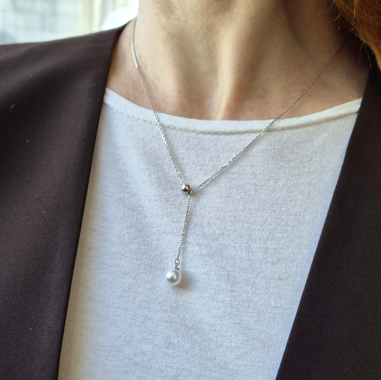 Срібне кольє Краватка з перлиною срібло 925 проби родоване 2,51 г (вс141р)