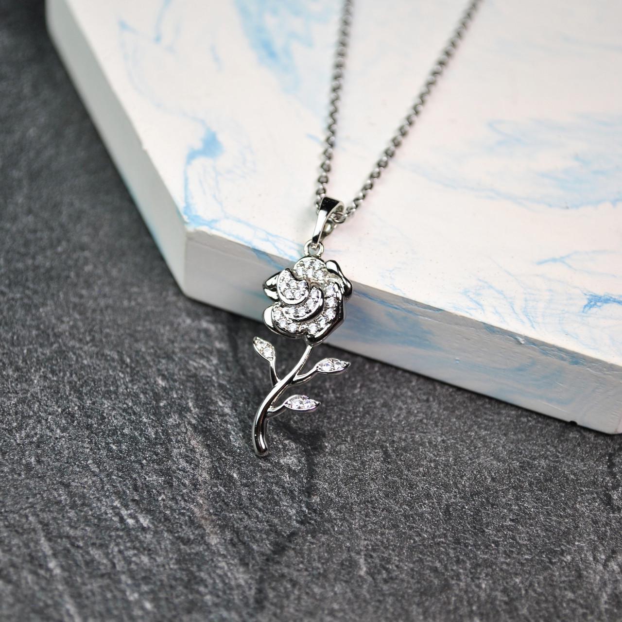 Кулон роза с фианитами на цепочке медицинская сталь родий (x229-1)