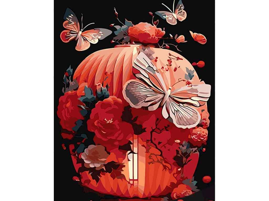 Картина по номерам Strateg Японский фонарь в цветах на черном фоне 40х50 см (AH1009)