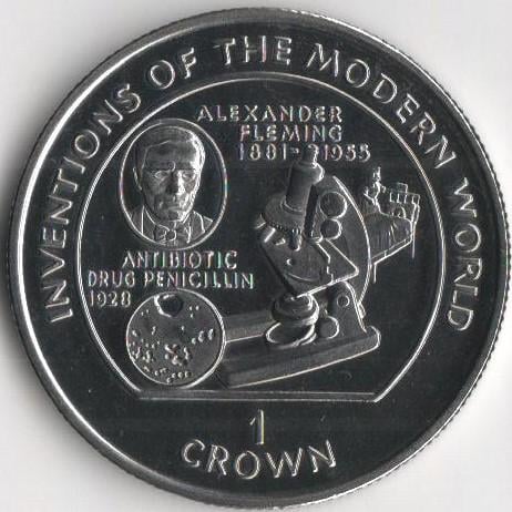 Коллекционная монета Остров Мэн 1 крона 1995 А. Флеминг Пениццилин UNC (KM#546)