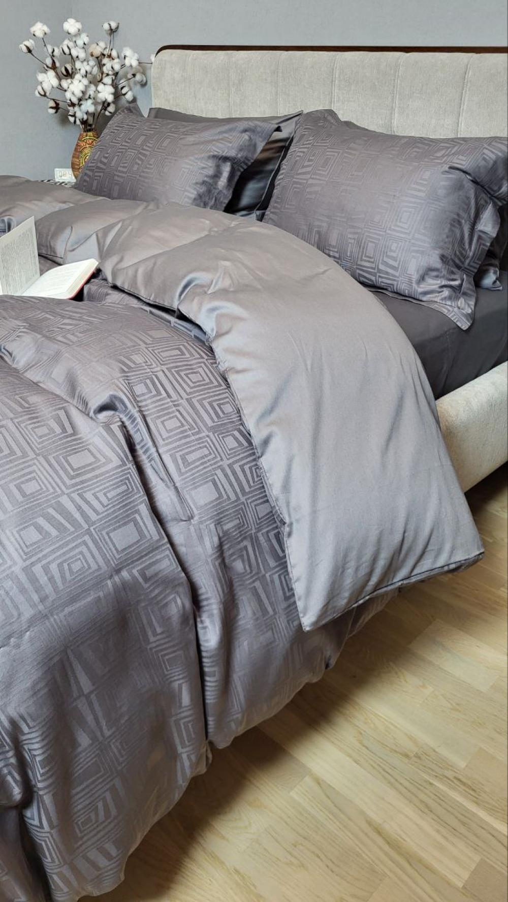 Комплект постельного белья Мир сатин жаккард Premium полуторный/наволочки 50х70/70х70 см Square Dark Grey (6088) - фото 3