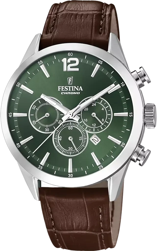 Наручные часы мужские Festina F20542/8 Timeless Chronograph со стальным корпусом WR 50 м и зеленым циферблатом