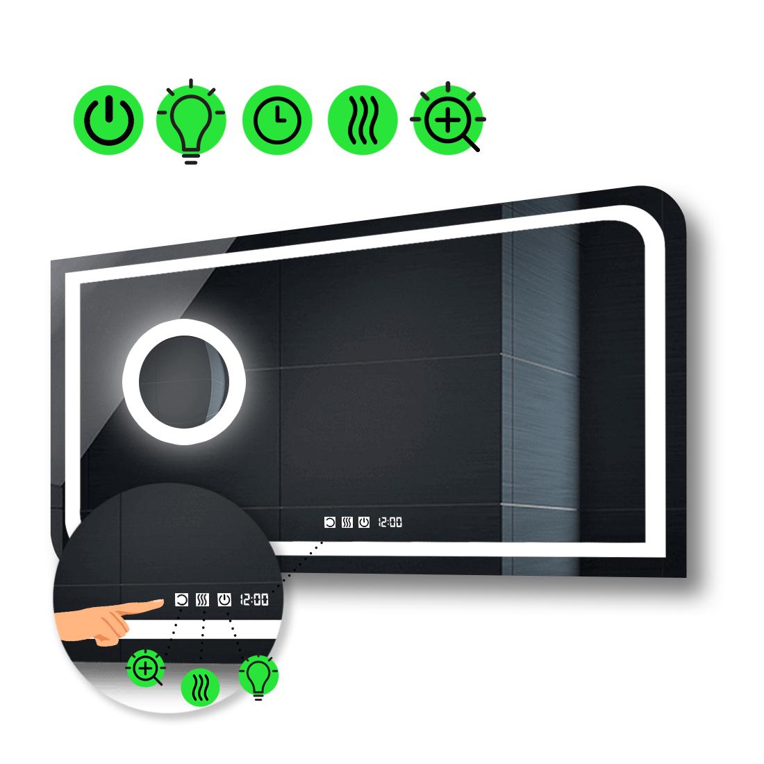 Зеркало с LED подсветкой Noemi с тремя сенсорами/часами/подогревом и линзой с подсветкой80x70 см (Neomig53)