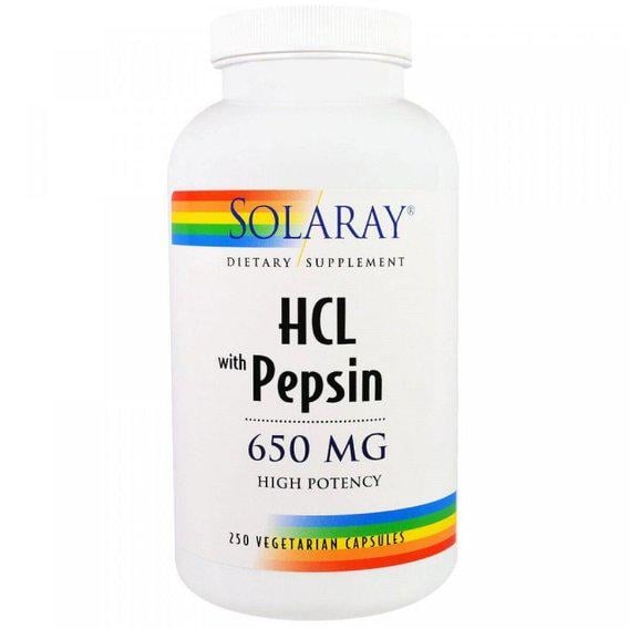 Бетаина гидрохлорид Solaray HCL with Pepsin 650 мг 250 Veg Caps (SOR-04815)