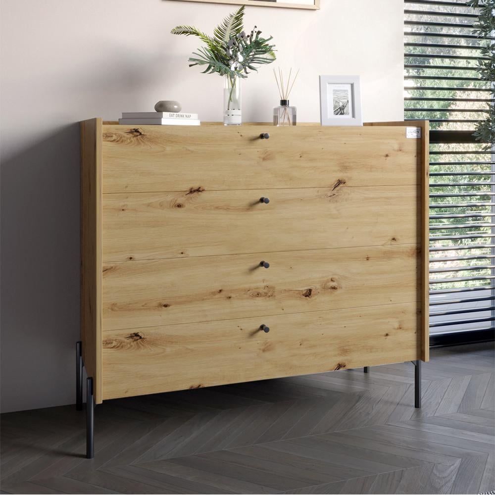 Комод із 4 шухлядами Lion Wood із чорними ніжками 100х90х45 см Дуб Артизан (Lion-042978) Комод із 4 шухлядами Lion Wood із чорними ніжками 100х90х45 см Дуб Артизан (Lion-042978)