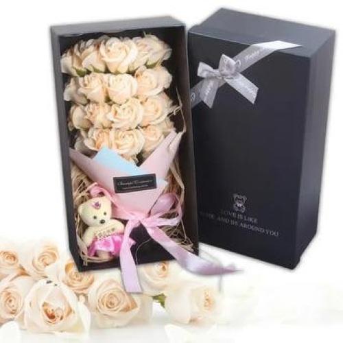 Букет роз в коробке с плюшевым мишкой и LED подсветкой Белый (KR-05-07)