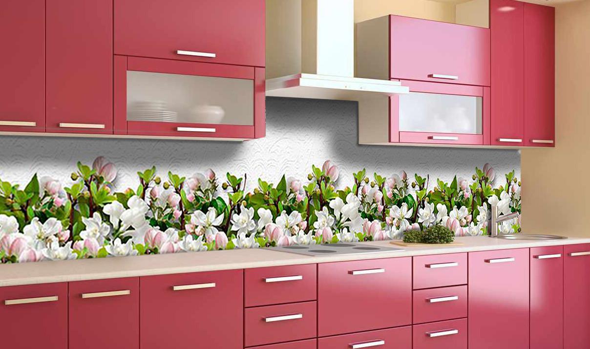 Кухонный фартук Цветение вишни из самоклеющейся виниловой пленки 60х300 см Зеленый