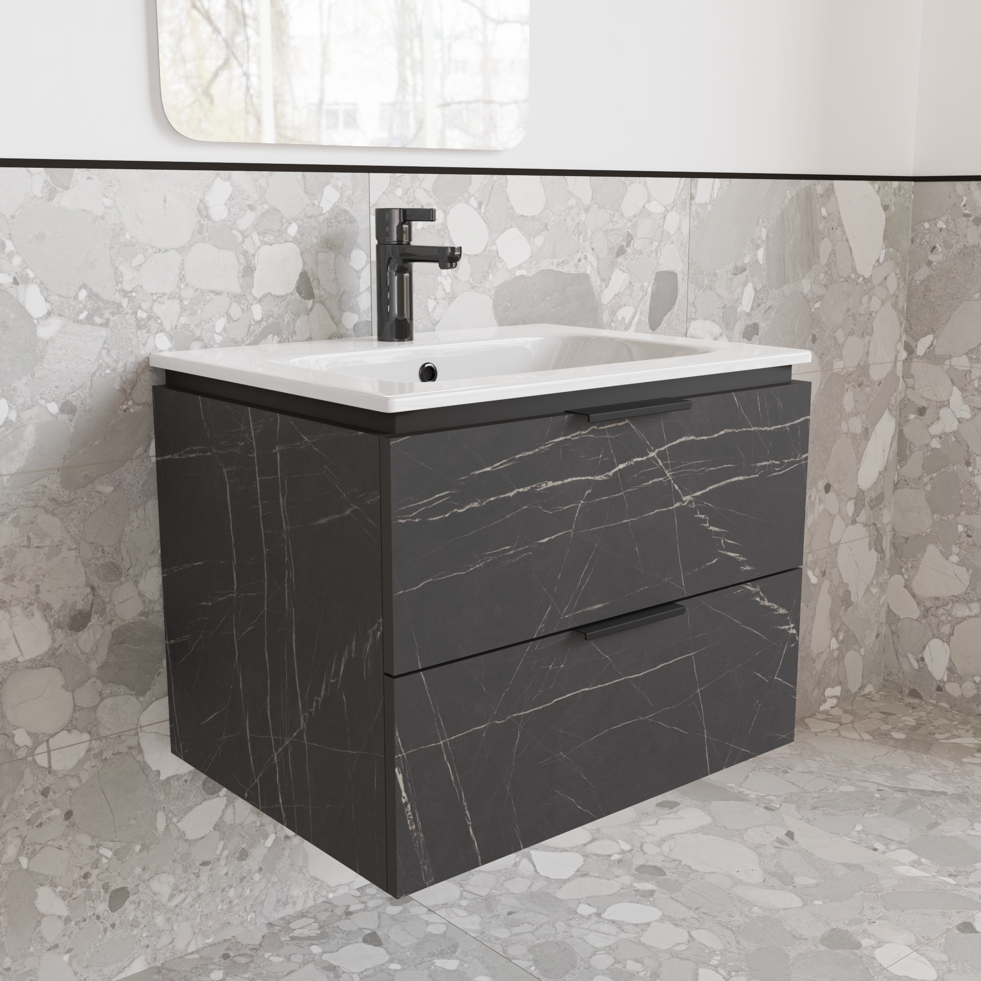 Тумба подвесная с раковиной MVK Vostok Icon 60 В2 600х450х530 мм Камень Пьетра Гриджо Черный (p260pg) - фото 2