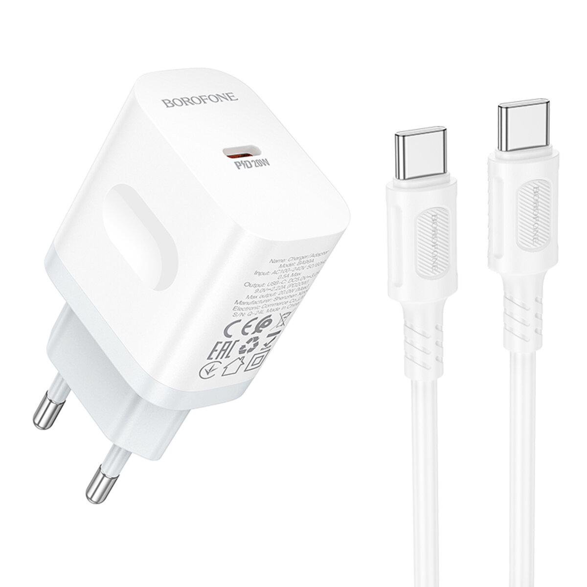 Зарядное устройство с кабелем Borofone BA99A Breeze Single Port PD20W Charger Set Type-C to Type-C White (6941991121371) Зарядное устройство с кабелем Borofone BA99A Breeze Single Port PD20W Charger Set Type-C to Type-C White (6941991121371)