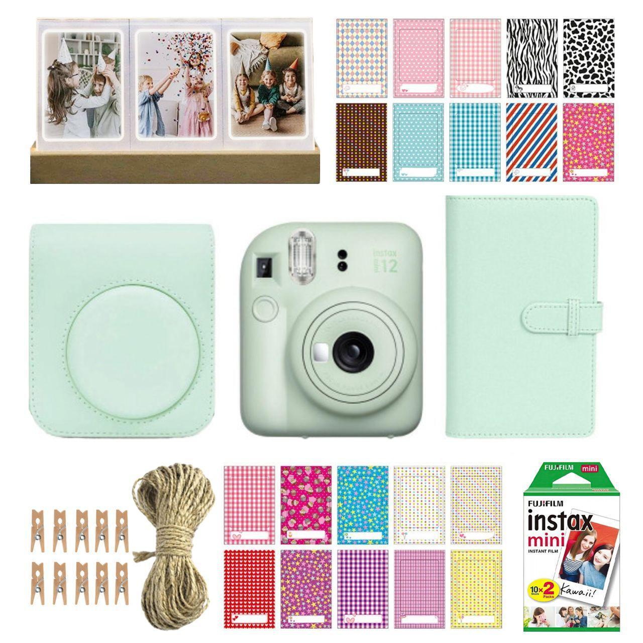 Камера моментального друку Fujifilm Instax Mini 12/чохол/фотоплівка 20 шт./фотоальбом 108/наклейки 20 шт. та фоторамка 3в1 Green