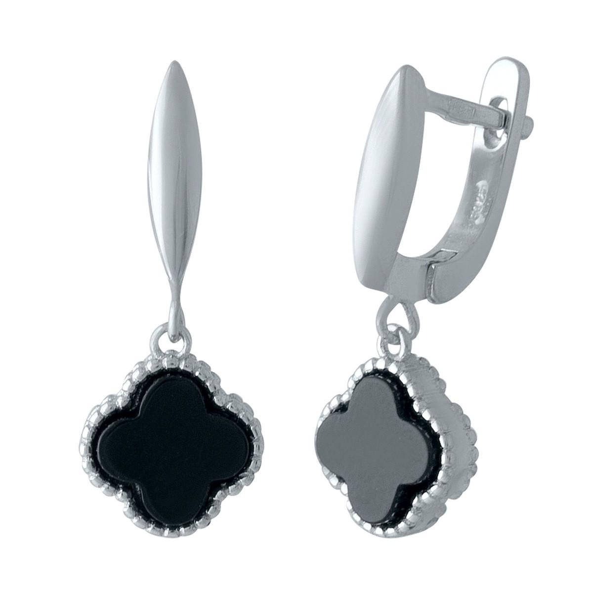 Сережки срібні LoveR з оніксом у формі чотирилистника Сережки срібні LoveR з оніксом у формі чотирилистника