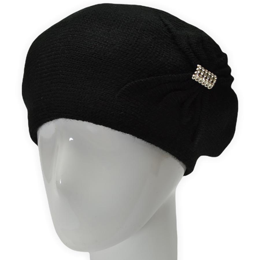 Берет женский Lirus Бонжур из шерсти двойной с узором сбоку и брошью Черный