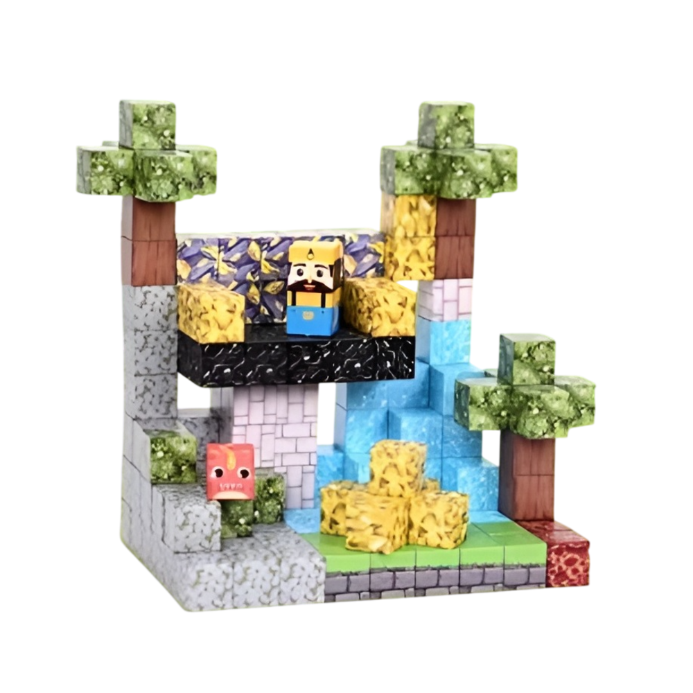 Конструктор детский магнитный майнкрафт Башня с водопадом и деревьями магнитные блоки minecraft 128 кубиков