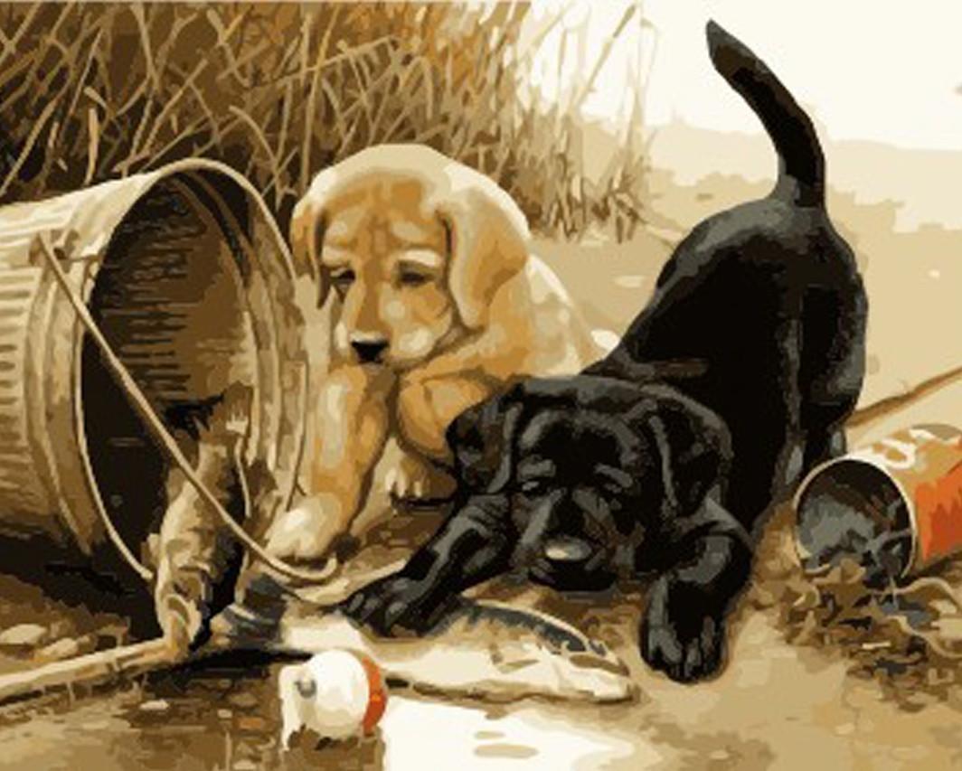 Картина по номерам Идейка Щенки на рыбалке 40x50 см (skl-КНО285)