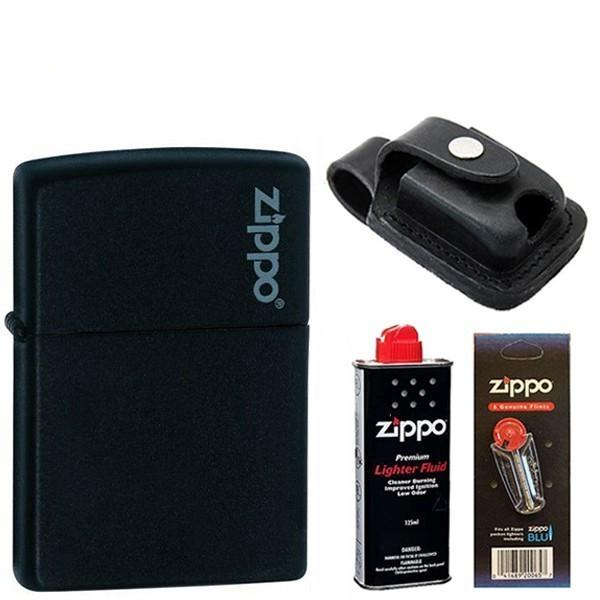 Зажигалка ZIPPO 218 ZL Black Matte with logo бензин/кремни и чехол с прорезью LPTBK