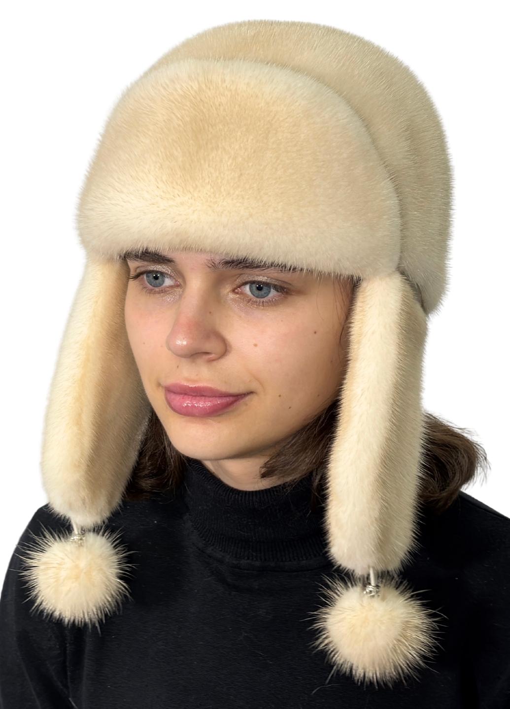 Шапка женская Меховой стиль Ушанка из натурального меха норки Жемчуг (058/P)