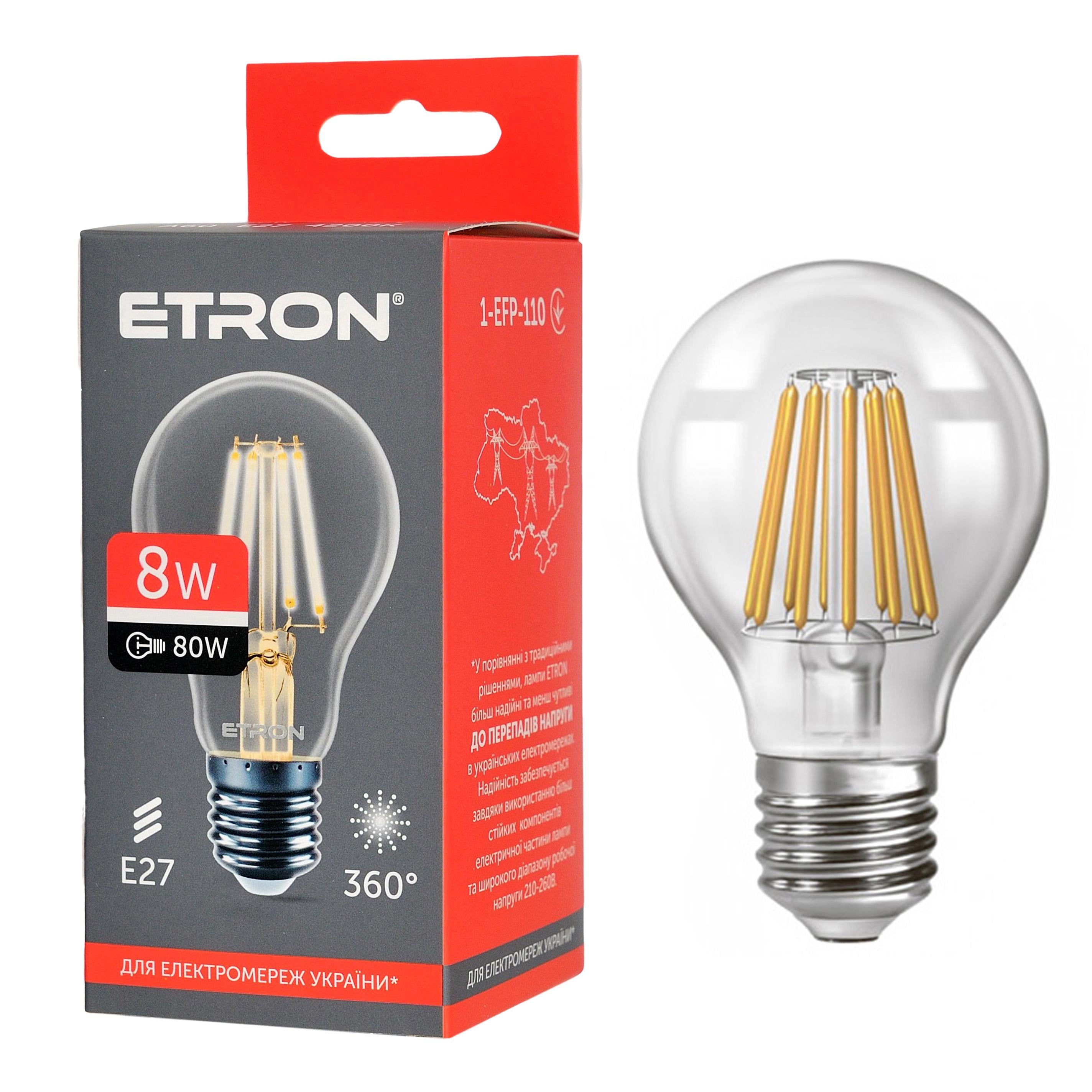 Светодиодная лампа филаментная ETRON Filament A60 E27 4200K 8W Прозрачный (1-EFP-110)